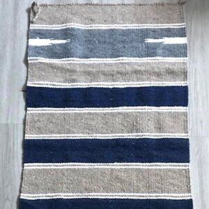 NATIVE AMERICAN NAVAJO STRIPES WOVEN WOOL THROW RUG 58” x 28” (NAVY,TAUPE,GRAY)